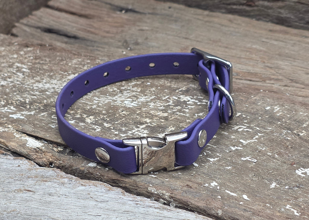 A purple leather dog collar with silver-tone hardware, including a buckle, rings, and studs, resting on weathered wooden planks.