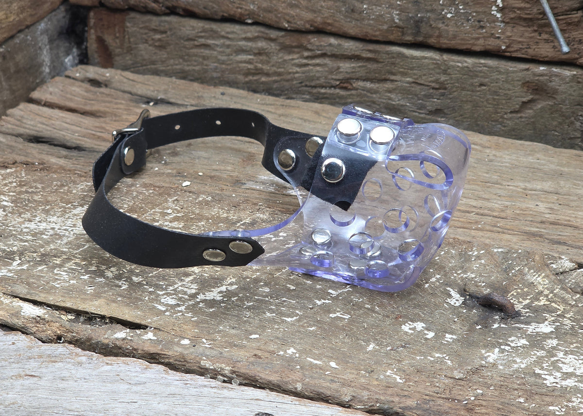 A clear plastic muzzle with a black leather strap and silver metal studs, resting on a rustic wooden surface.